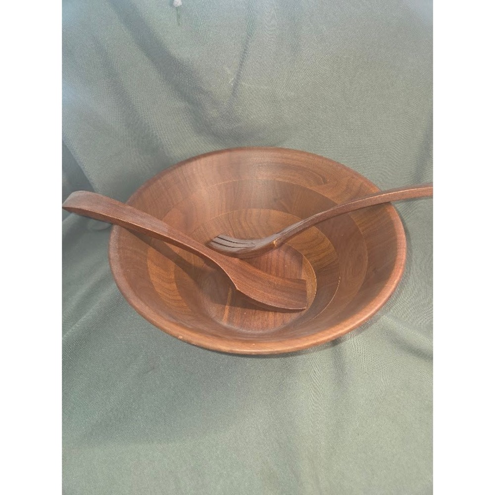 Custom Kraft Solid Black Walnut Wood Salad Bowl Set with Serving Tongs USA Made